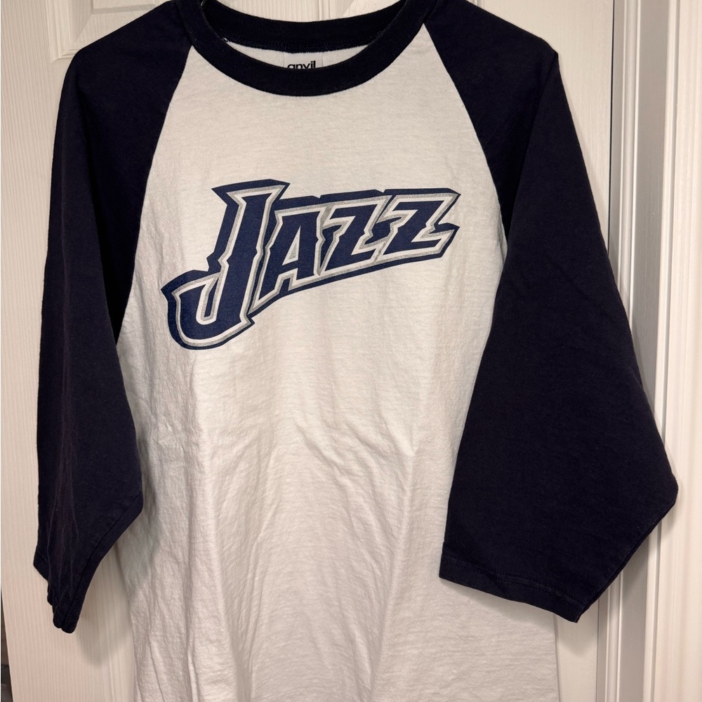 Anvil White & Navy Utah Jazz Raglan Baseball Tee